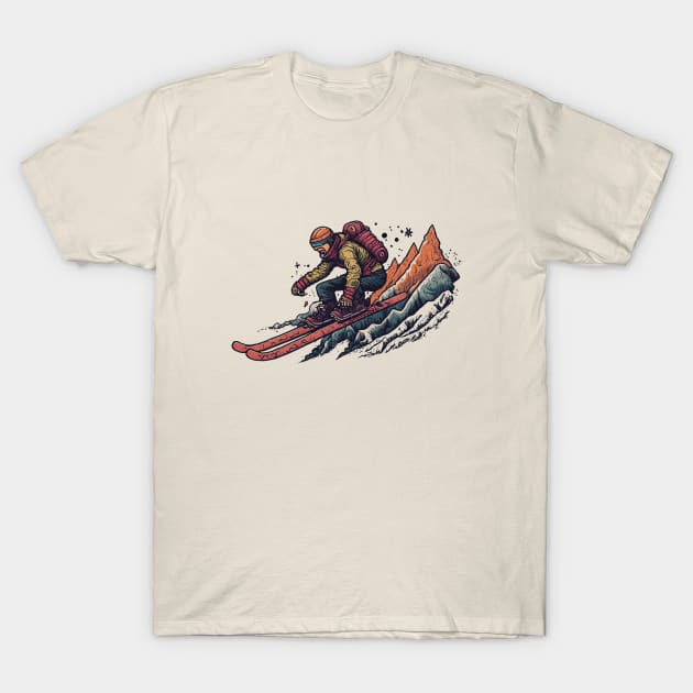 skier in Retro Sci-Fi Art style T-Shirt by Johann Brangeon